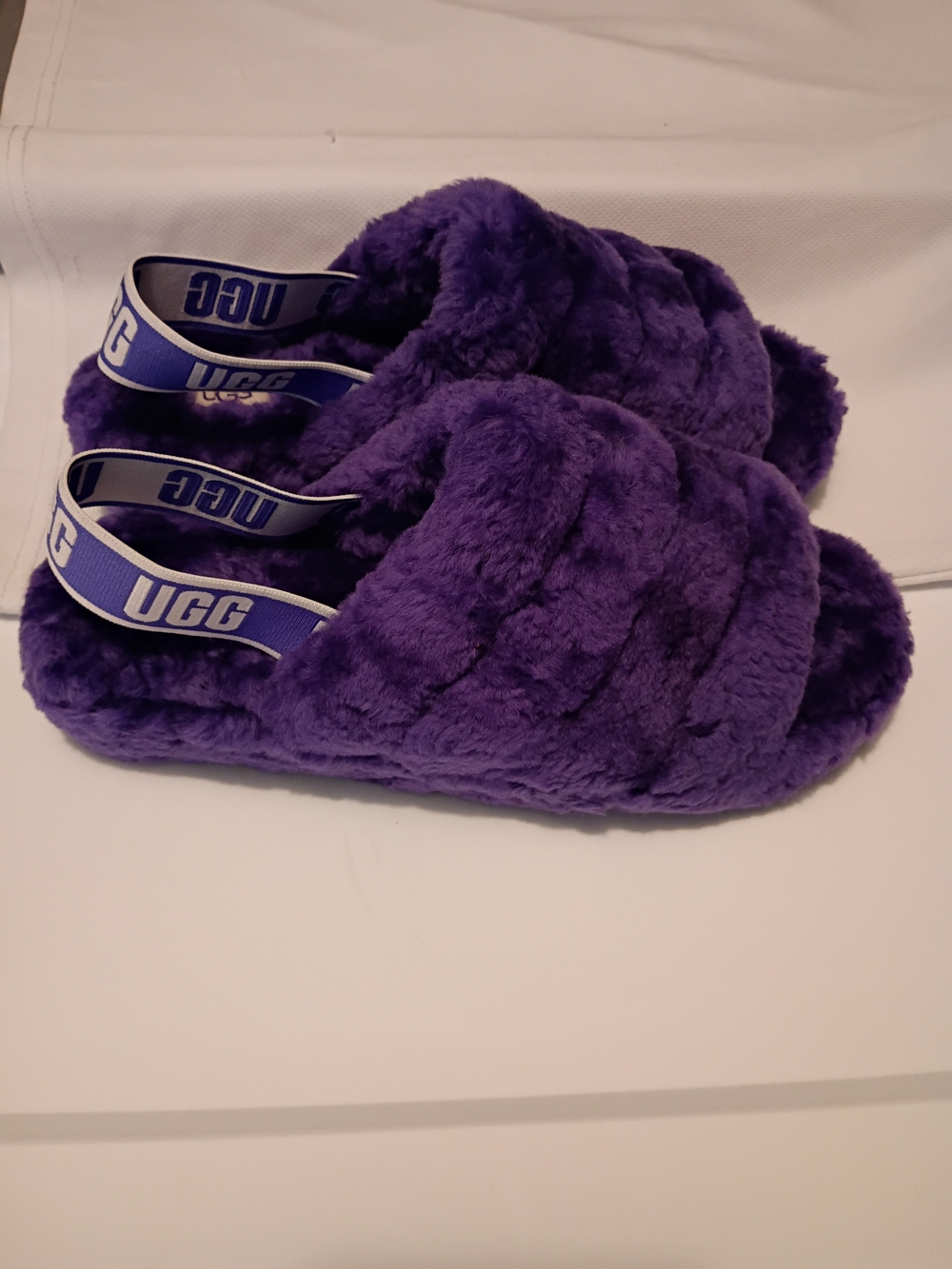 UGG Plush Slide Slippers in Deep Purple with Branded Heel Strap